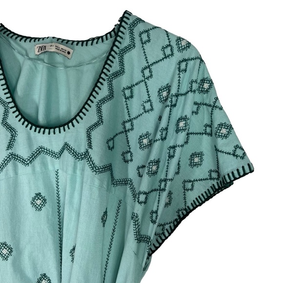 ZARA Green Embroidered Maxi Dress Short Sleeves Size Small - Picture 4 of 12